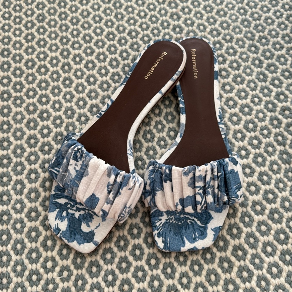 Reformation Blue and White Floral Ruffle Slide Sandals